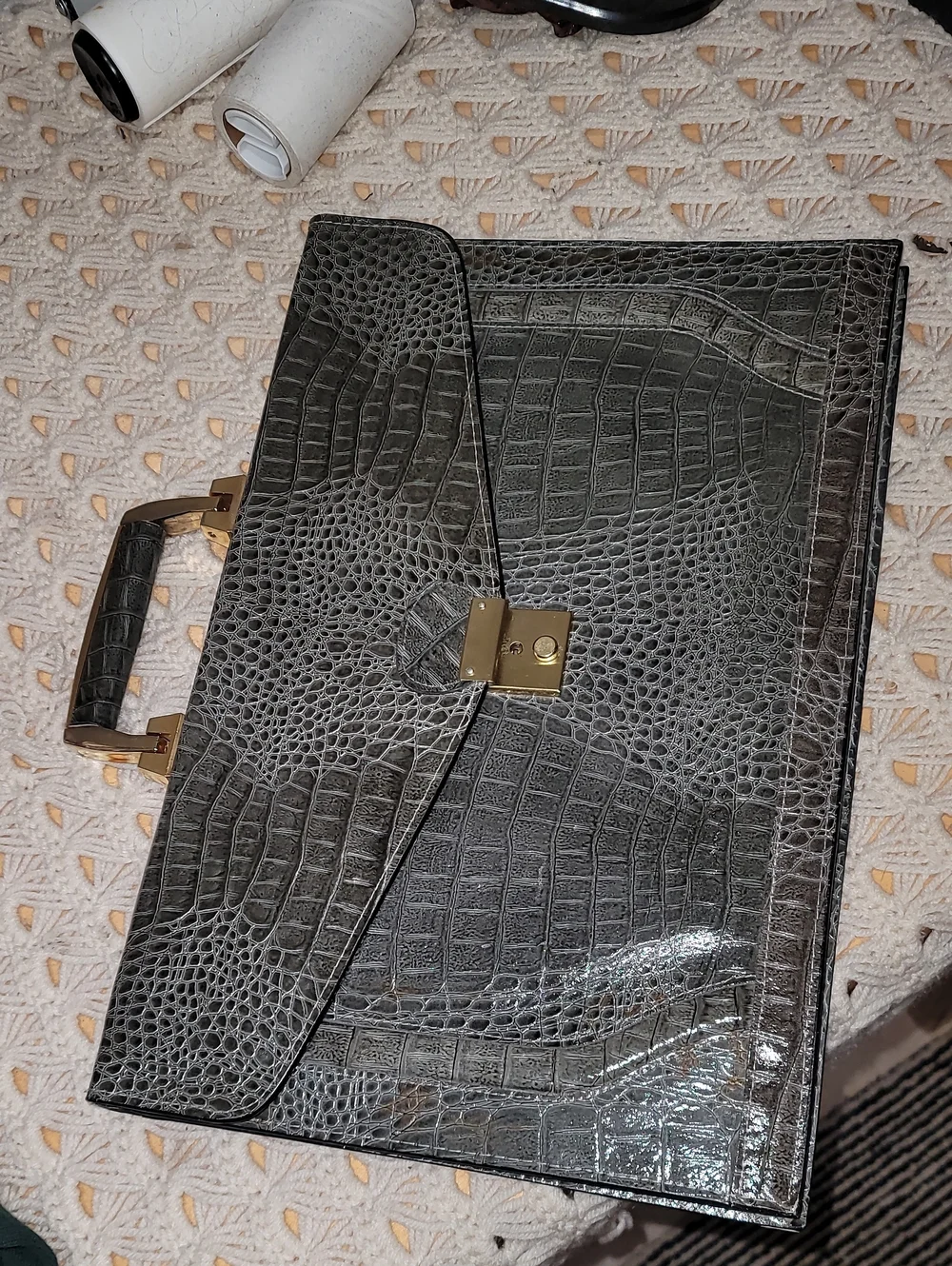 Croc-Embossed Structured Top-Handle Bag in Dark Gray